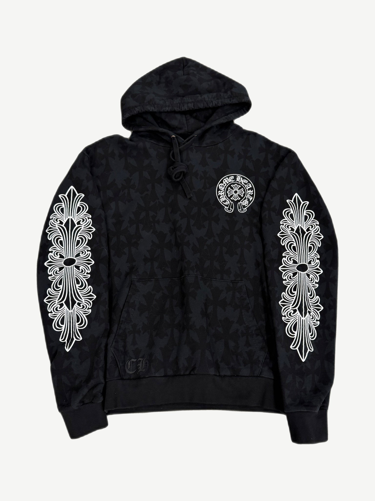Chrome Hearts black Floral Cemetery hoodie front view with pink rose print and CH cross detail.