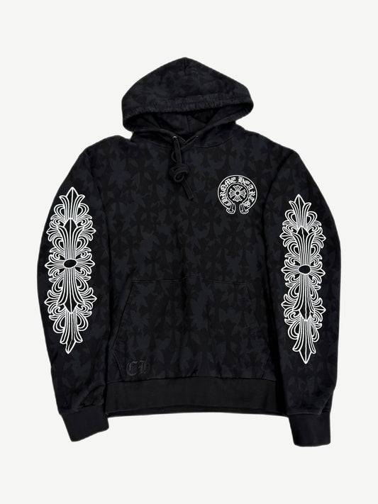 Chrome Hearts black Floral Cemetery hoodie front view with pink rose print and CH cross detail.