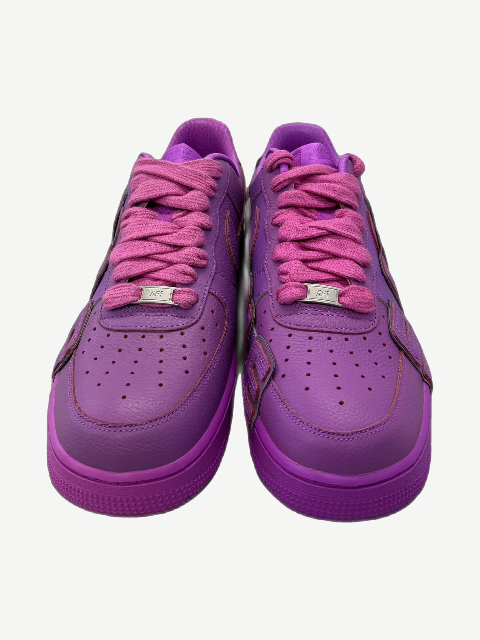 CPFM Nike Air Force 1 Fuchsia Dream front view pair with chunky pink laces and AF1 dubraes