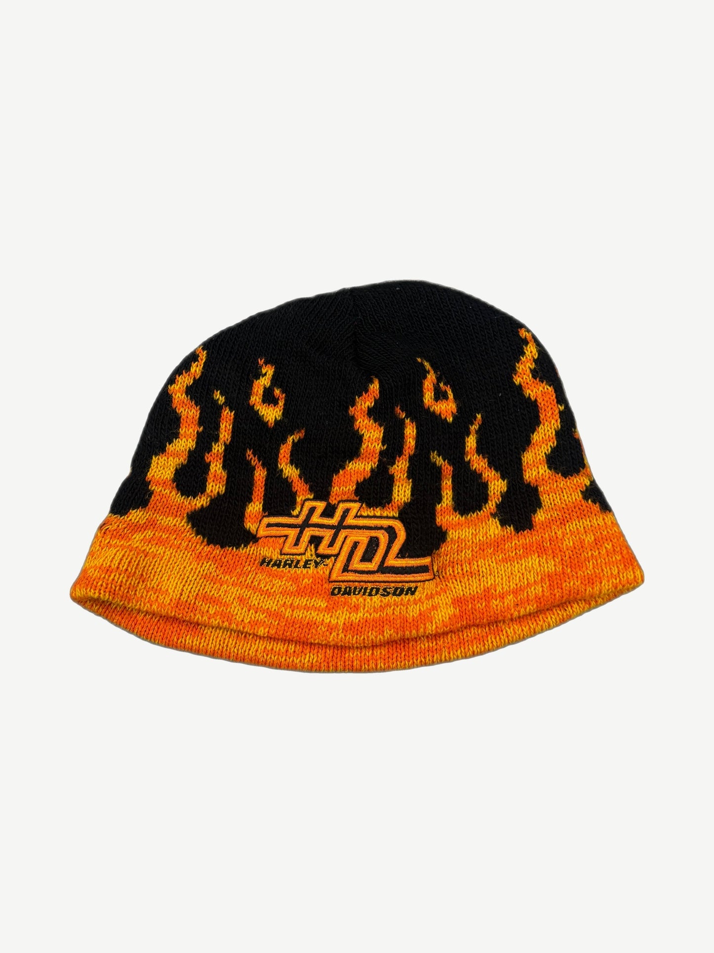 Vintage Harley Davidson knit beanie with orange flame jacquard pattern and HD logo across folded cuff