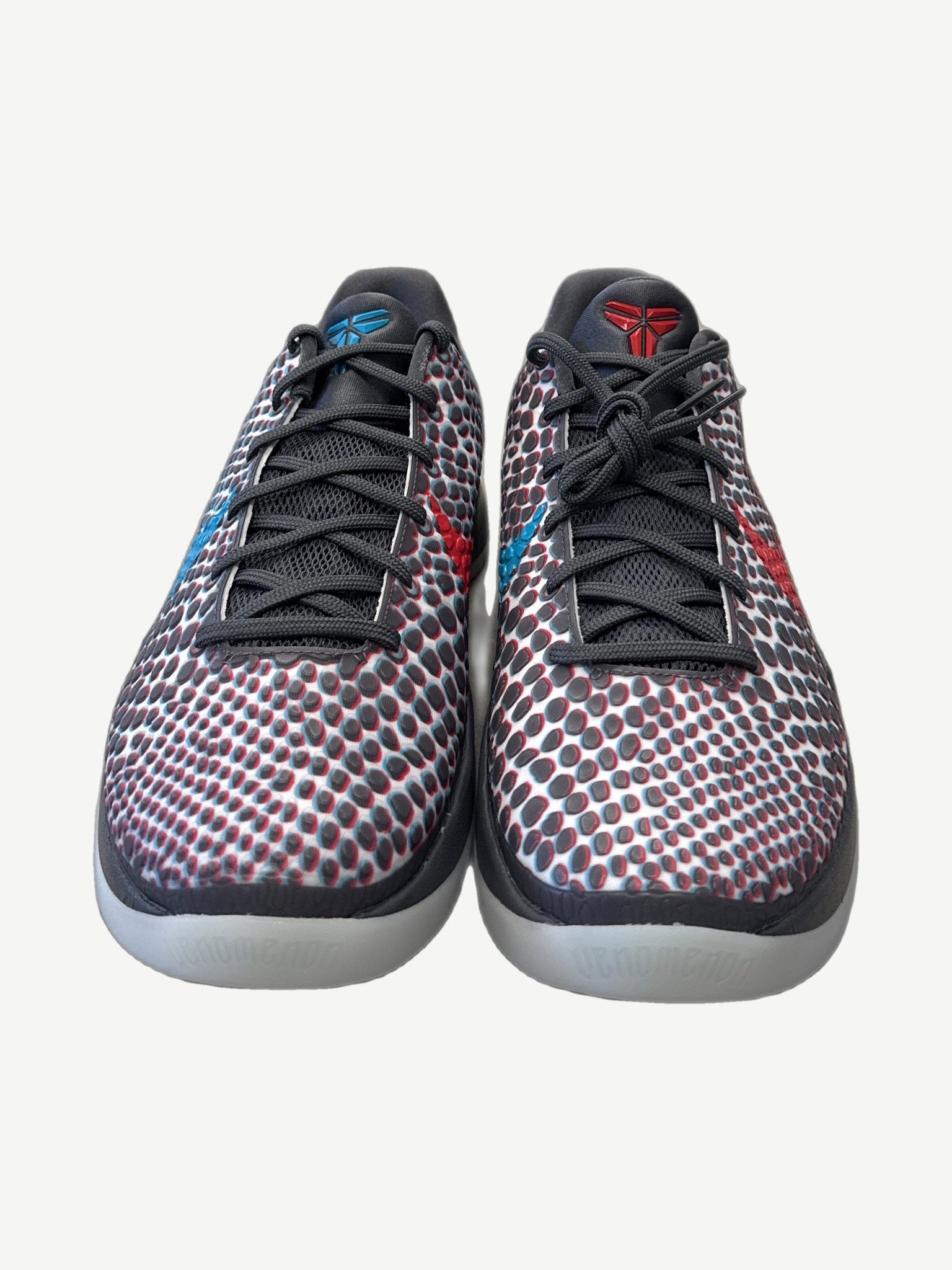 Nike Kobe 6 Protro ASG Hollywood 3D pair front view with mismatched red and teal swooshes, snakeskin pattern.