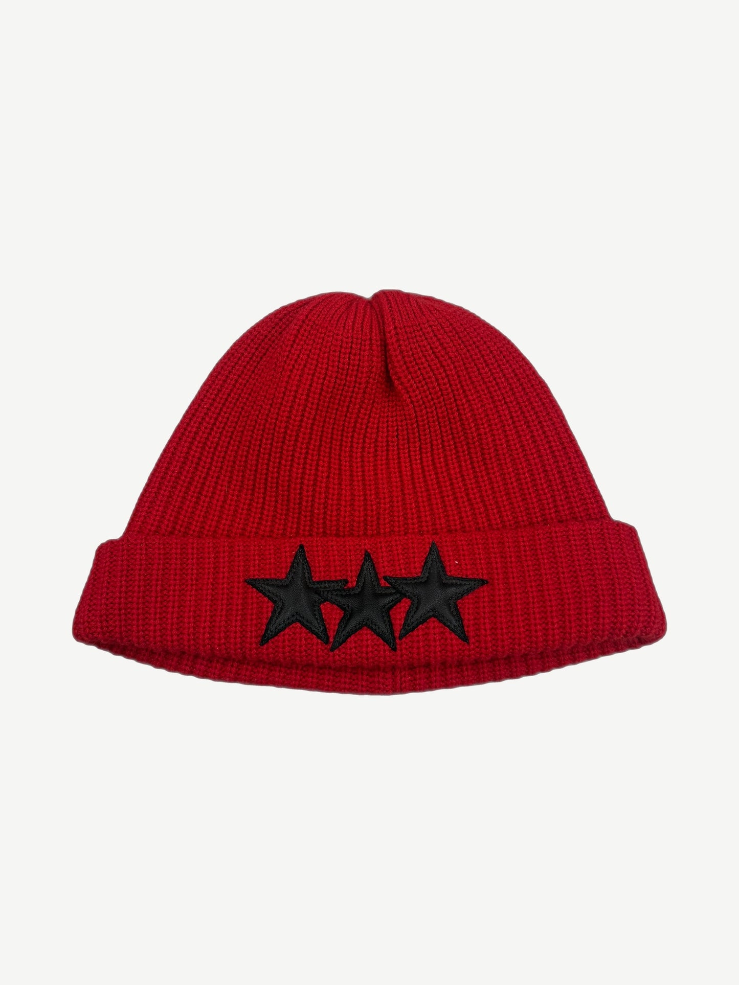 Chrome Hearts red cashmere knit beanie with black leather triple star patch detail