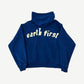 CPFM Earth First blue zip hoodie back view showing puff print Earth First slogan and pullover hood.