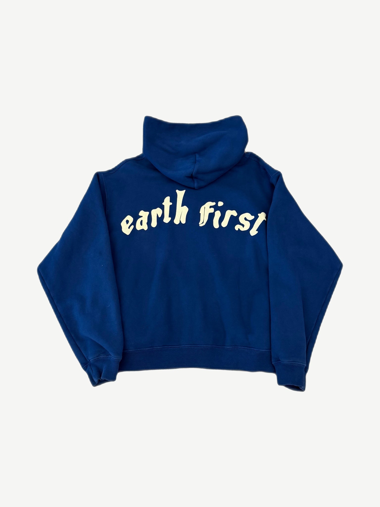 CPFM Earth First blue zip hoodie back view showing puff print Earth First slogan and pullover hood.