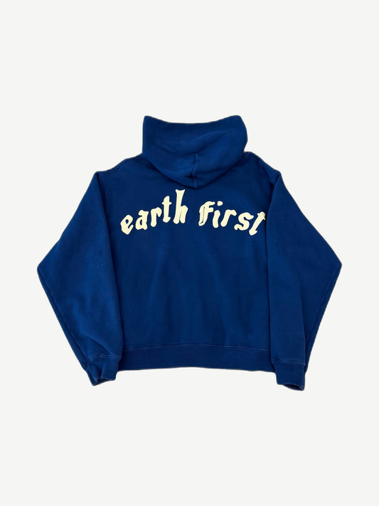 CPFM Earth First blue zip hoodie back view showing puff print Earth First slogan and pullover hood.