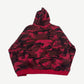 HMDD red camo rhinestone zip up back view showing tonal camouflage pattern and red ribbed hem detail.