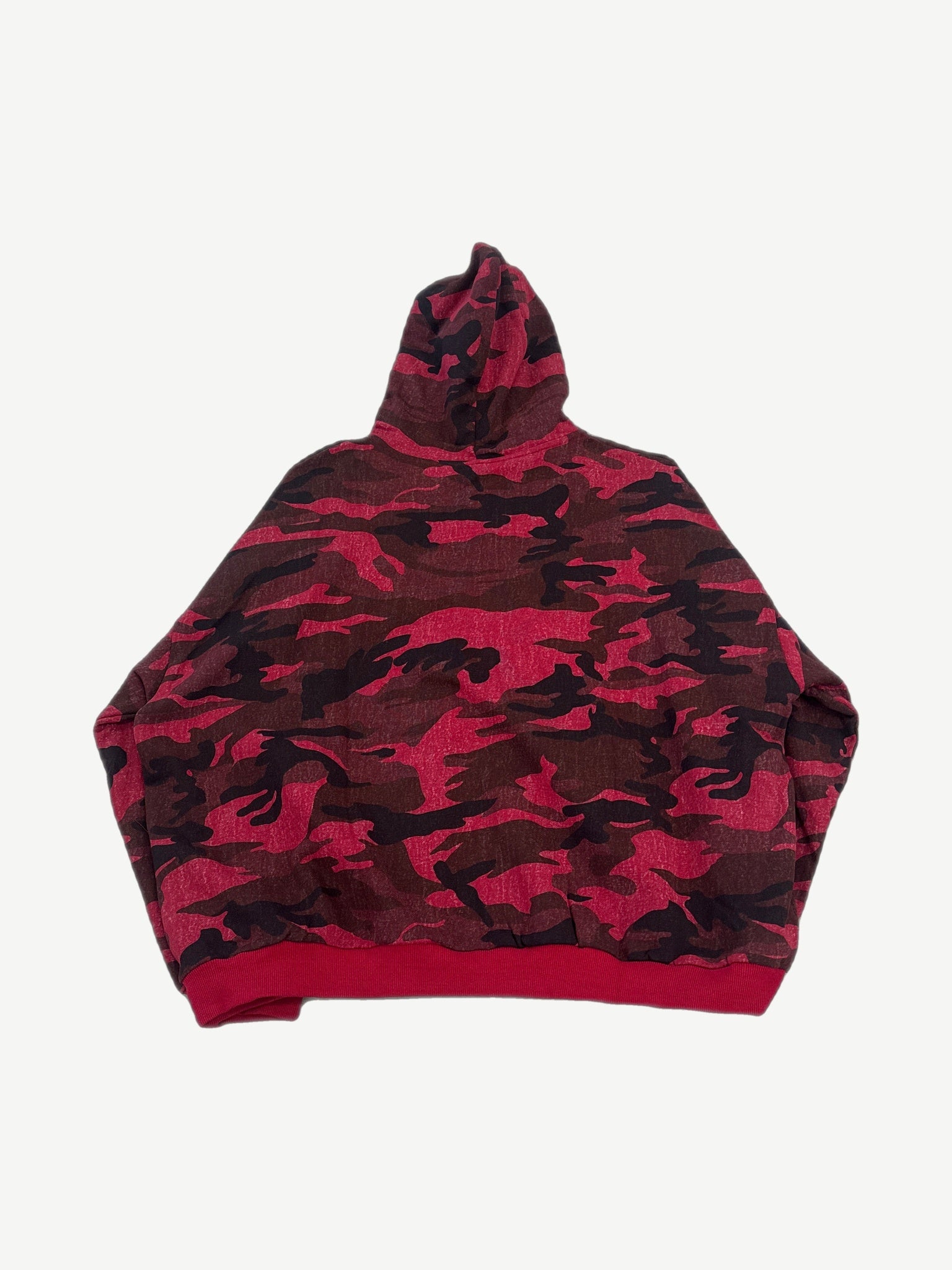 HMDD red camo rhinestone zip up back view showing tonal camouflage pattern and red ribbed hem detail.