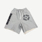 HMDD gray Chimstone sweat shorts with vertical rhinestone HMDD lettering and circular crystal logo