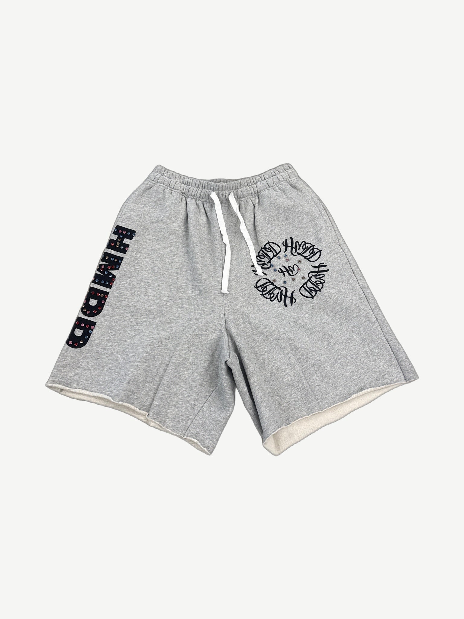HMDD gray Chimstone sweat shorts with vertical rhinestone HMDD lettering and circular crystal logo