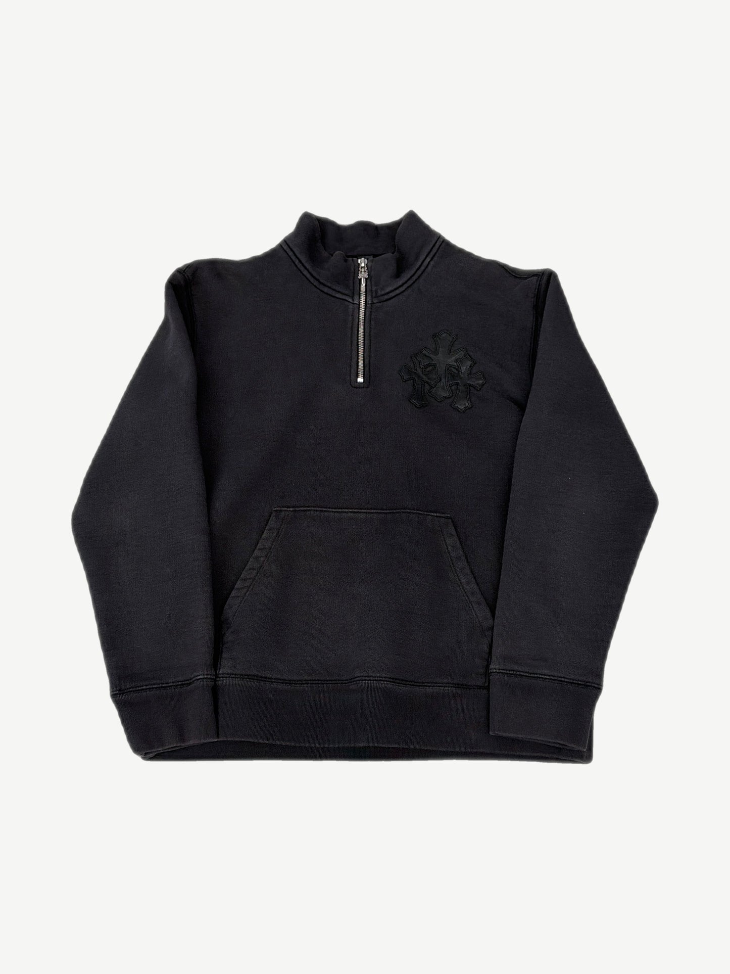 Chrome Hearts Paper Jam black quarter-zip pullover with tonal leather triple cross patch on left chest