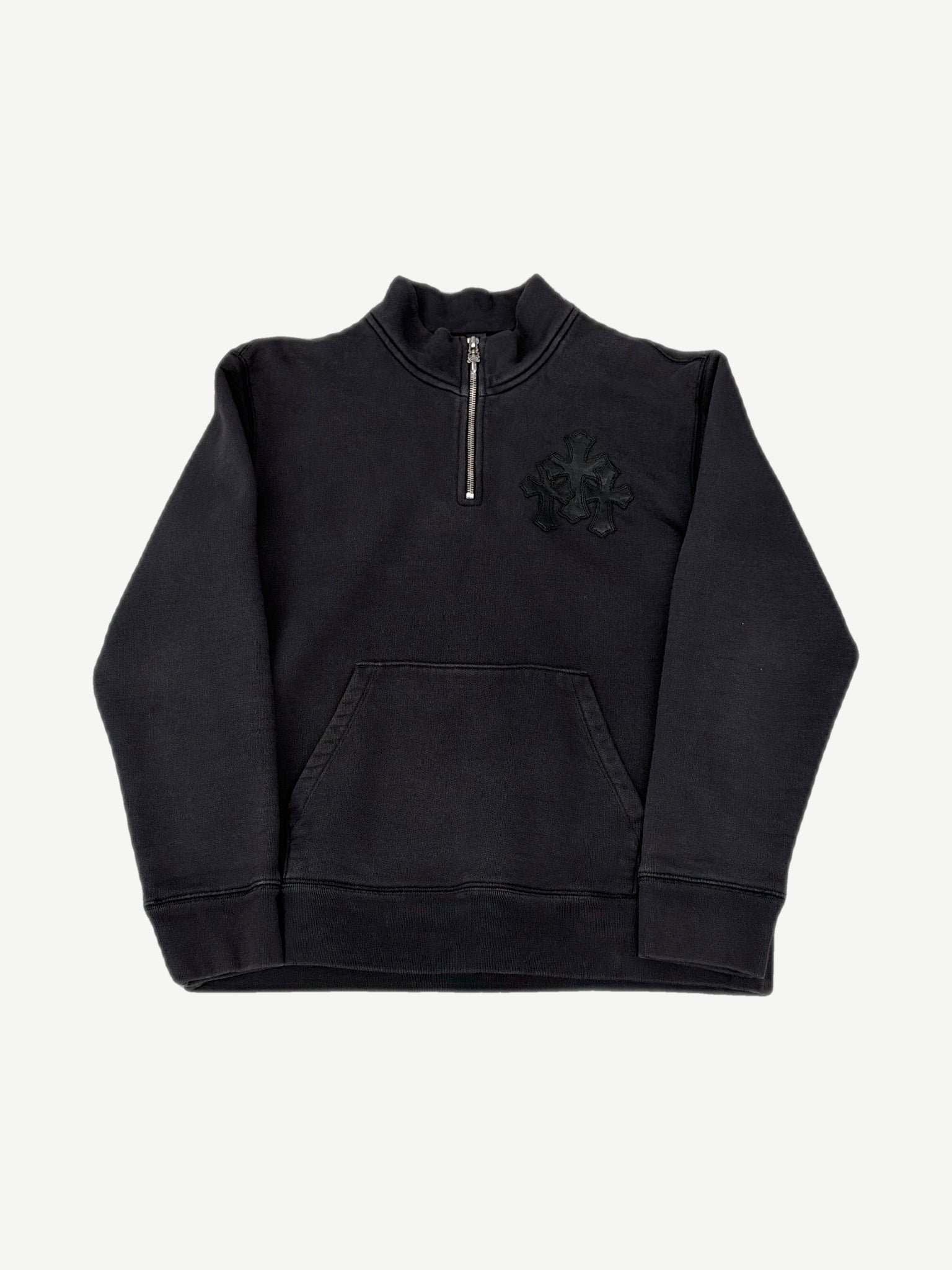 Chrome Hearts Paper Jam black quarter-zip pullover with tonal leather triple cross patch on left chest
