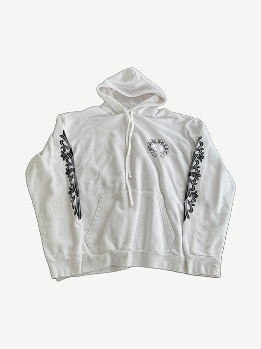 Chrome Hearts white cotton hoodie front with small horseshoe chest logo and black floral cross sleeve prints