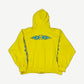 Balenciaga yellow Unity flame zip hoodie back, large blue tribal flame graphic across shoulders and sleeves.