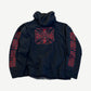 Vintage West Coast Choppers zipup back in black with bold red WCC iron cross graphic and gothic sleeve print