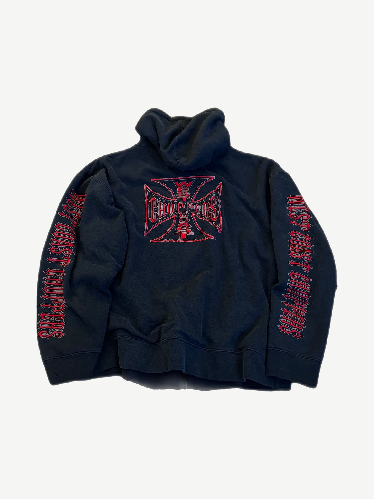 Vintage West Coast Choppers zipup back in black with bold red WCC iron cross graphic and gothic sleeve print