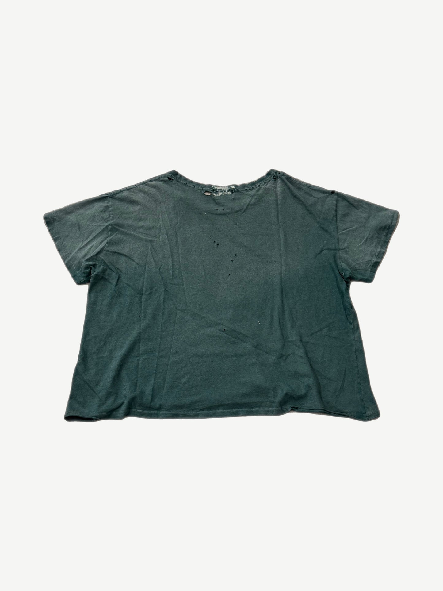 Enfants Riches Deprimes green tee back view showing distressed cotton with scattered holes