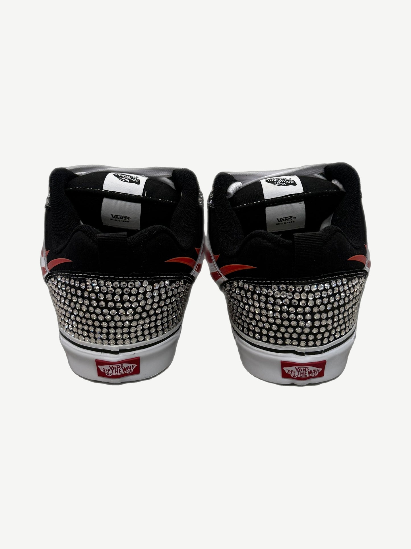 Custom Vans flame rhinestone Knu Skool top down view with padded tongue and chunky white round laces