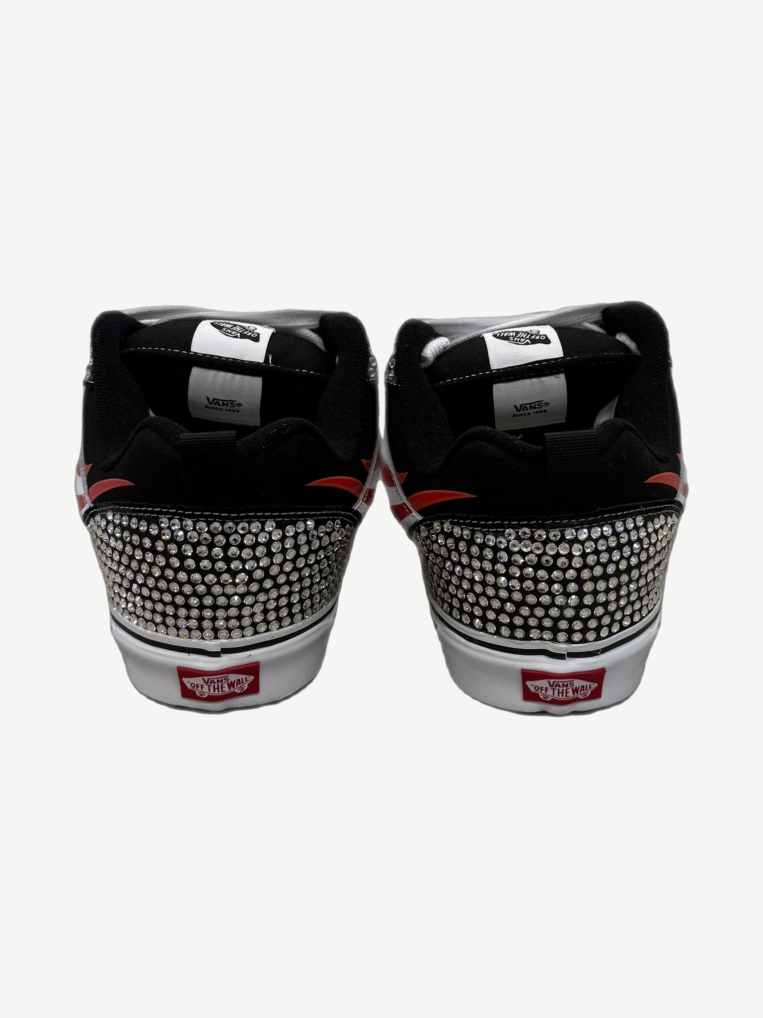 Custom Vans flame rhinestone Knu Skool top down view with padded tongue and chunky white round laces