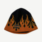 Vintage Harley Davidson knit beanie in black with orange flames rising and embroidered bar and shield logo