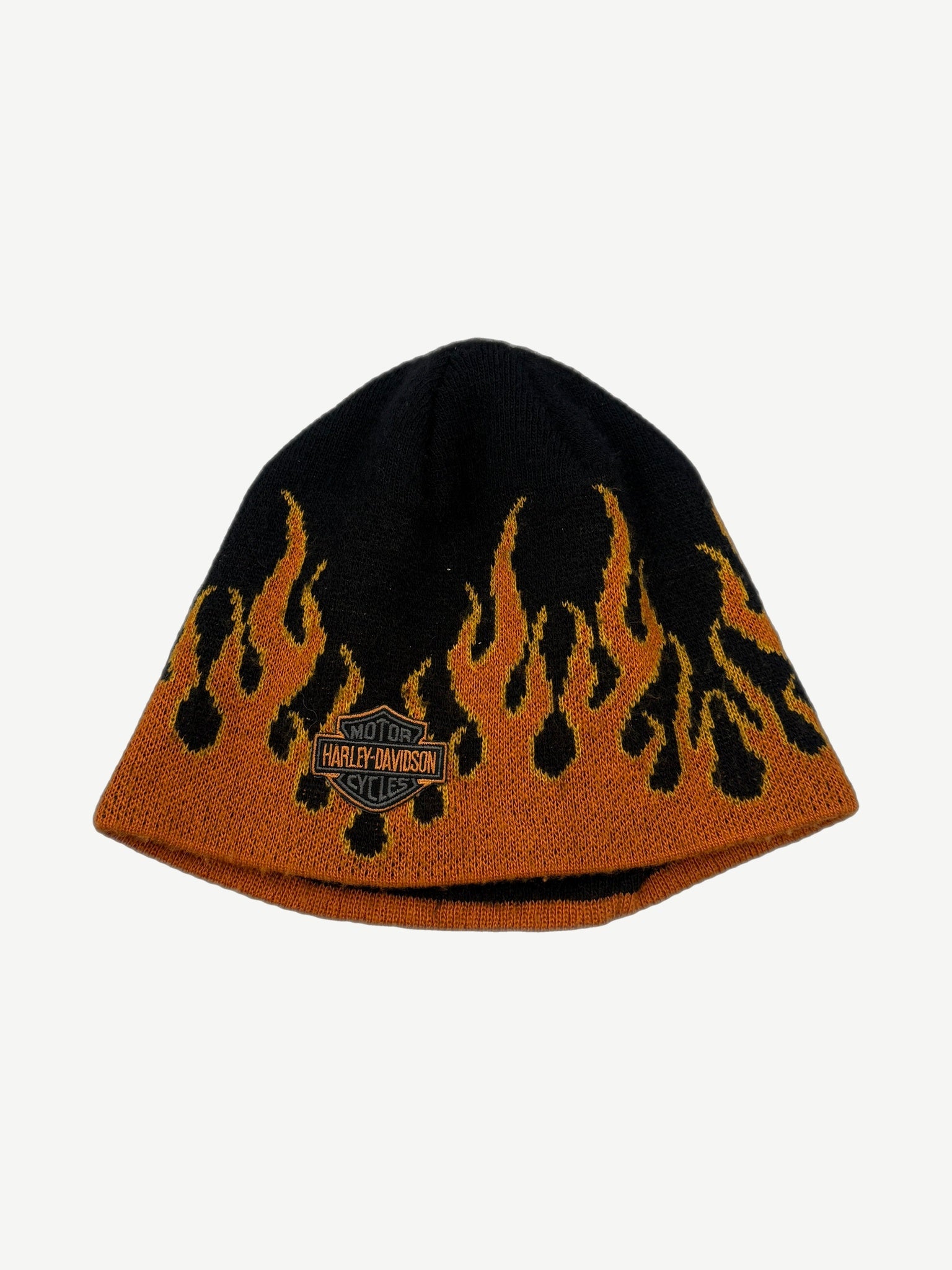 Vintage Harley Davidson knit beanie in black with orange flames rising and embroidered bar and shield logo