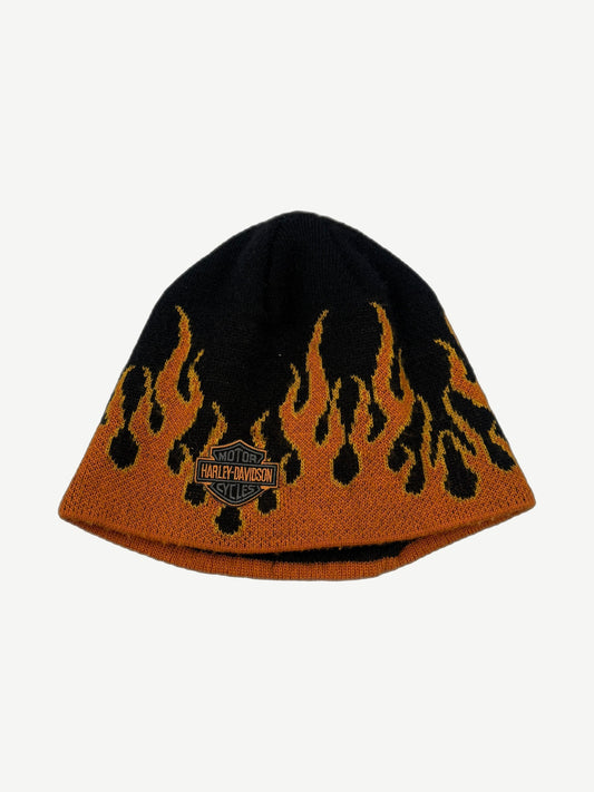 Vintage Harley Davidson knit beanie in black with orange flames rising and embroidered bar and shield logo