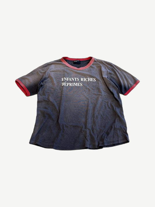 Enfants Riches Deprimes faded gray ringer tee with red trim collar and red classic logo print on chest.