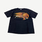 Vintage Metallica black tee front with Pushead flaming skull screaming graphic over silver band logo