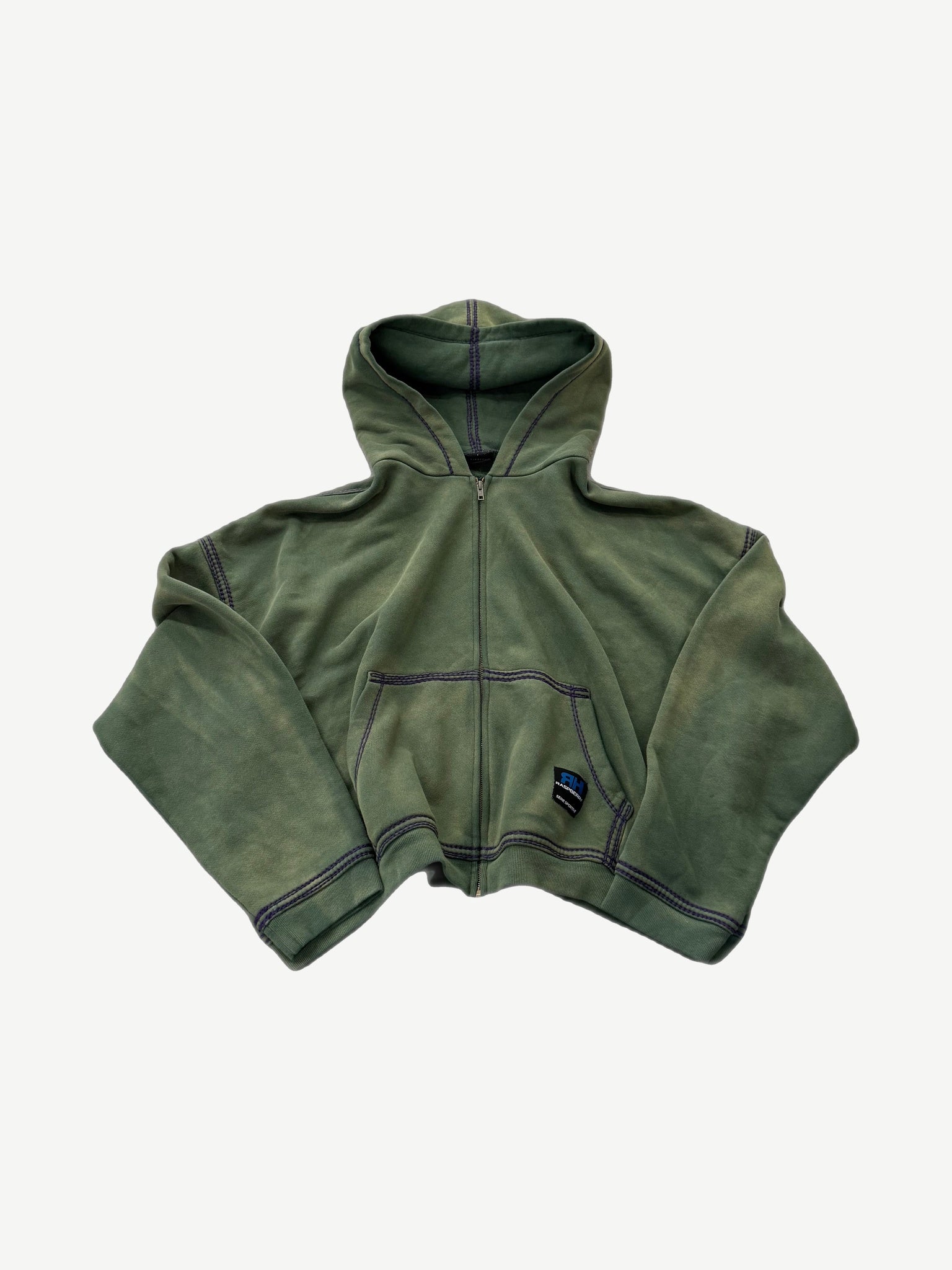 GV Gallery Raspberry Hills Skunk zip up hoodie in faded green with contrast stitching and RH chest patch