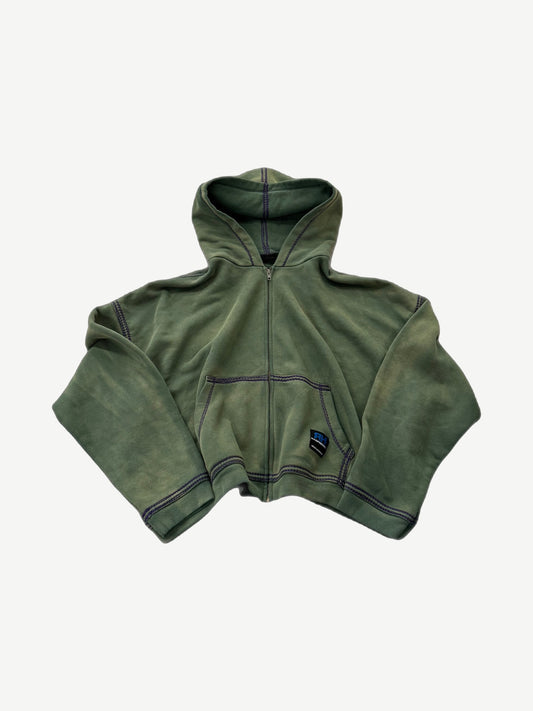 GV Gallery Raspberry Hills Skunk zip up hoodie in faded green with contrast stitching and RH chest patch