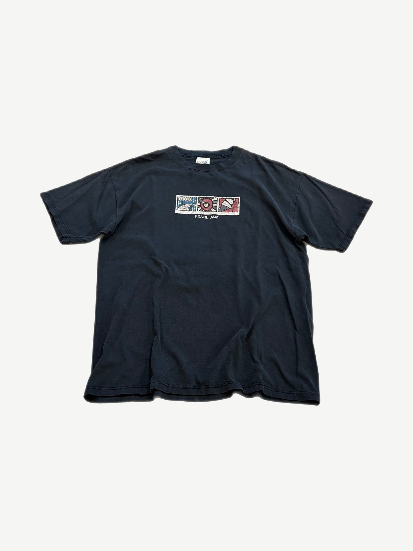 Vintage Pearl Jam No Code navy tee with three Polaroid-style album art panels printed across the chest