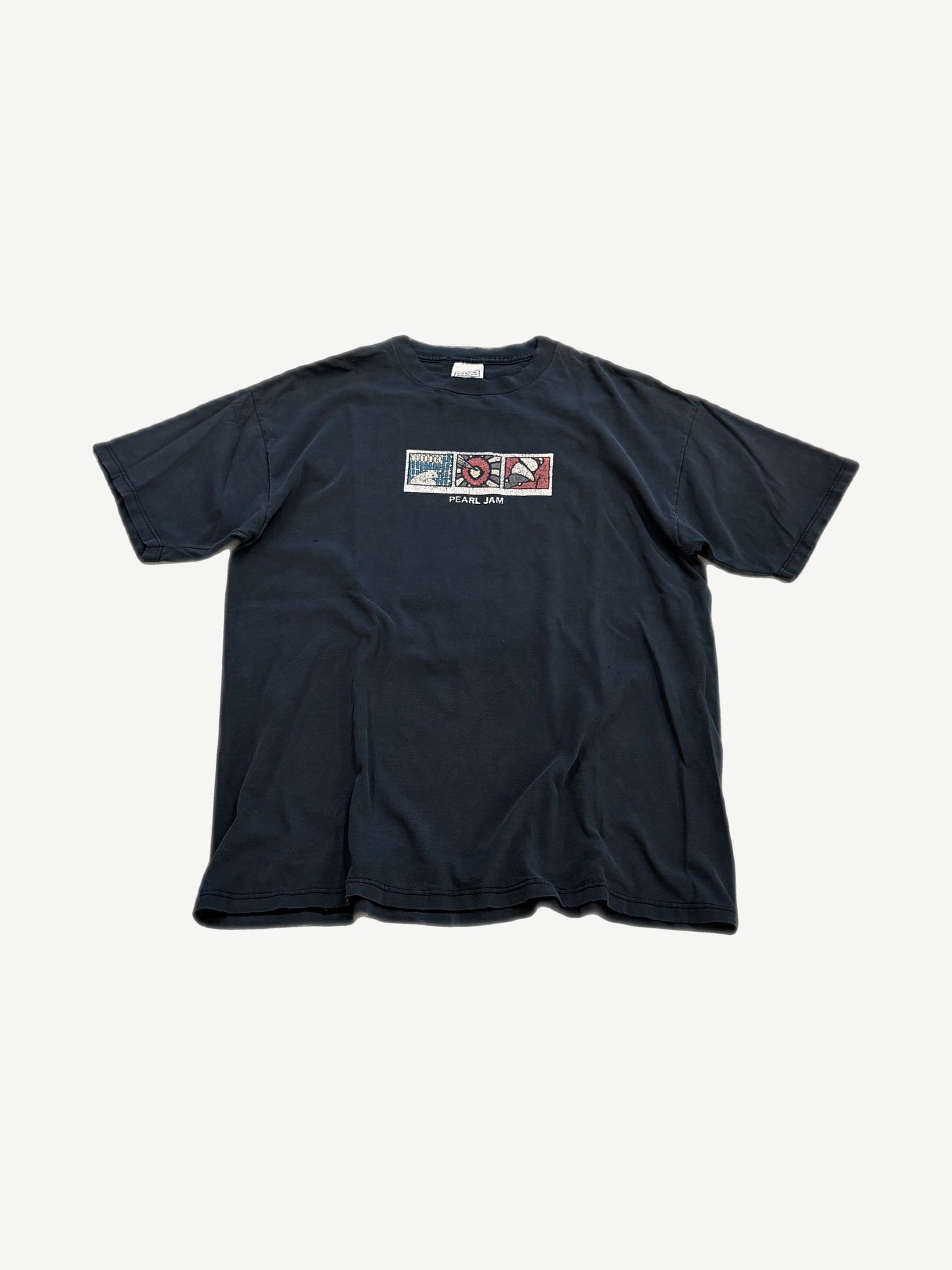 Vintage Pearl Jam No Code navy tee with three Polaroid-style album art panels printed across the chest