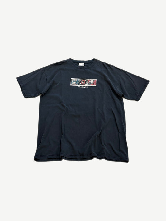 Vintage Pearl Jam No Code navy tee with three Polaroid-style album art panels printed across the chest