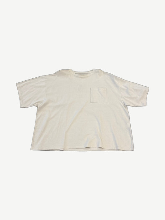 Kapital cream cotton boxy pocket tee front view with tonal chest pocket and short sleeves.