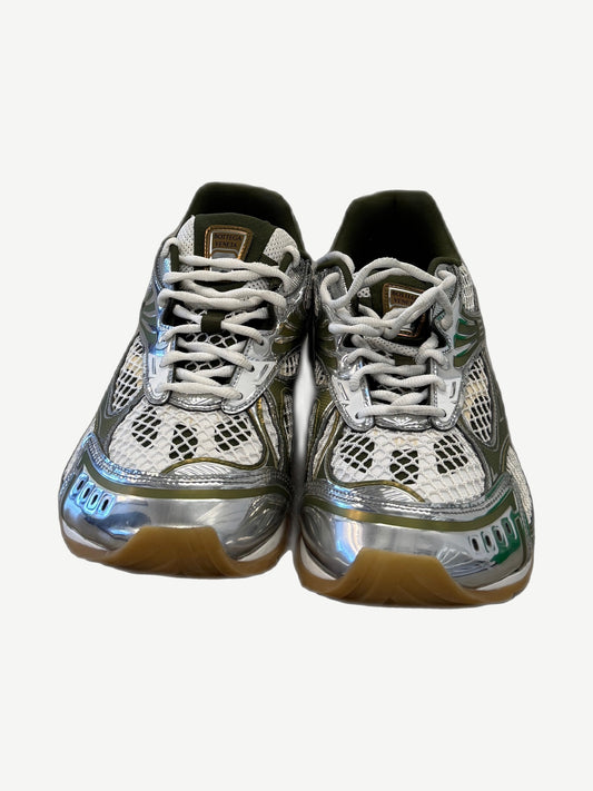 Bottega Veneta Orbit sneakers front pair view with white laces, olive panels and silver chrome toe overlays