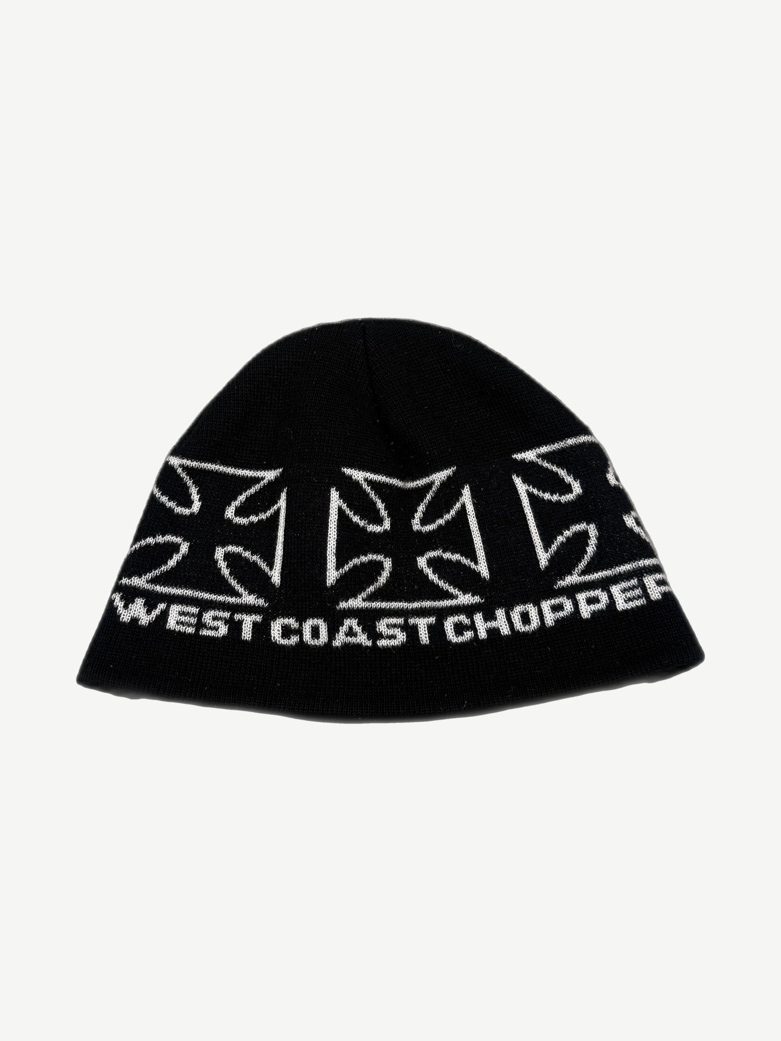 Vintage West Coast Choppers black knit beanie with white iron cross logos and brand text around cuff.