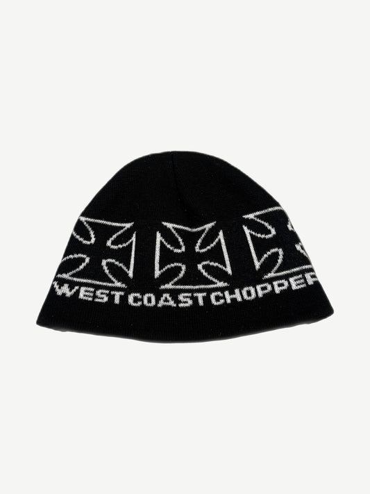 Vintage West Coast Choppers black knit beanie with white iron cross logos and brand text around cuff.
