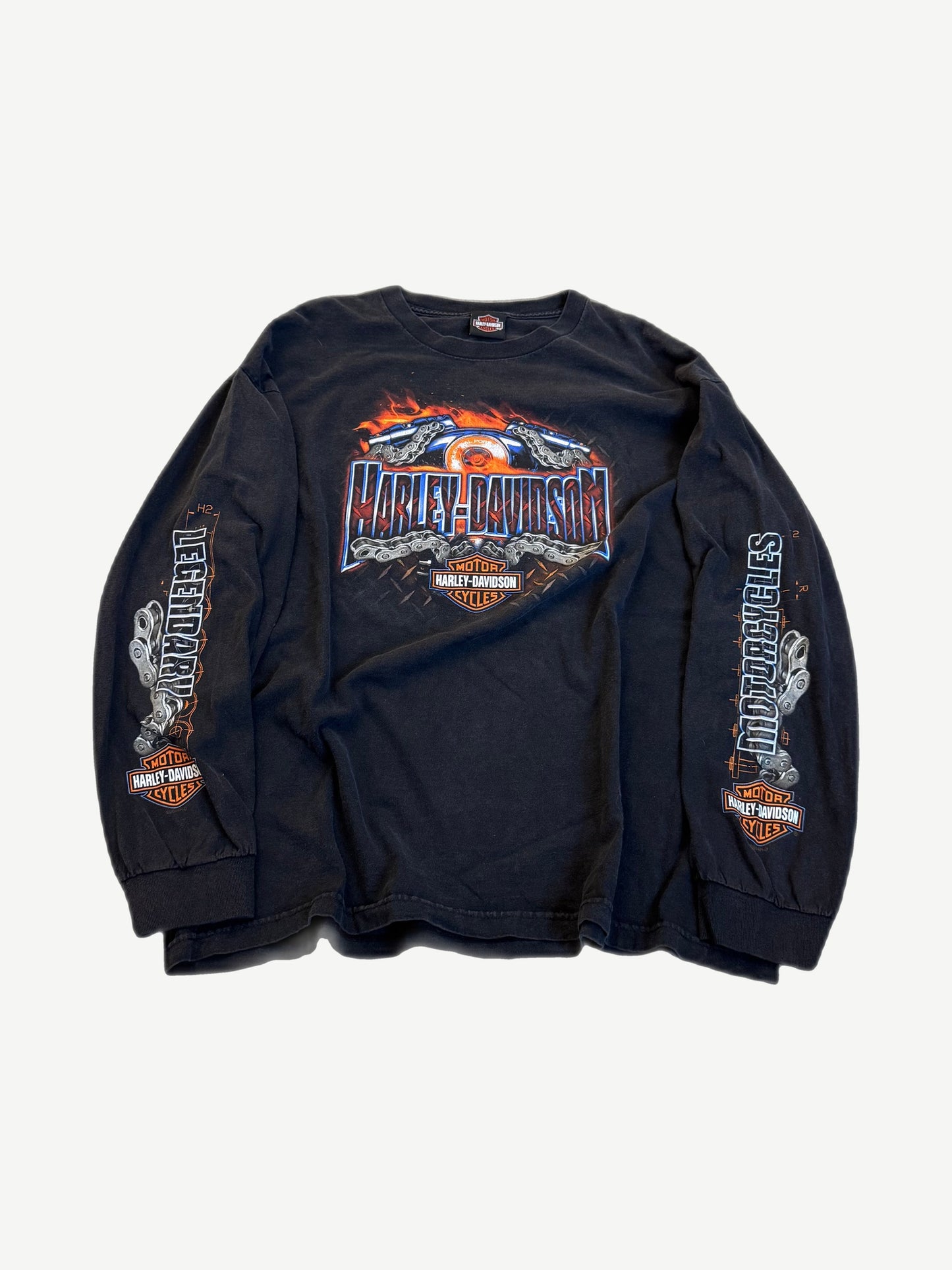 Vintage Harley Davidson Chain Riders black longsleeve with orange chest logo, front view