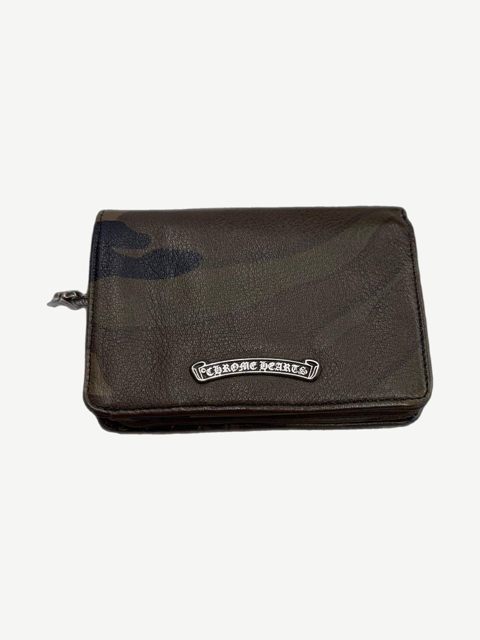 Chrome Hearts camo leather bifold wallet with silver Chrome Hearts scroll plaque on flap, exterior front view