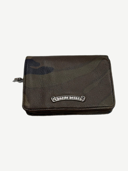 Chrome Hearts camo leather bifold wallet with silver Chrome Hearts scroll plaque on flap, exterior front view
