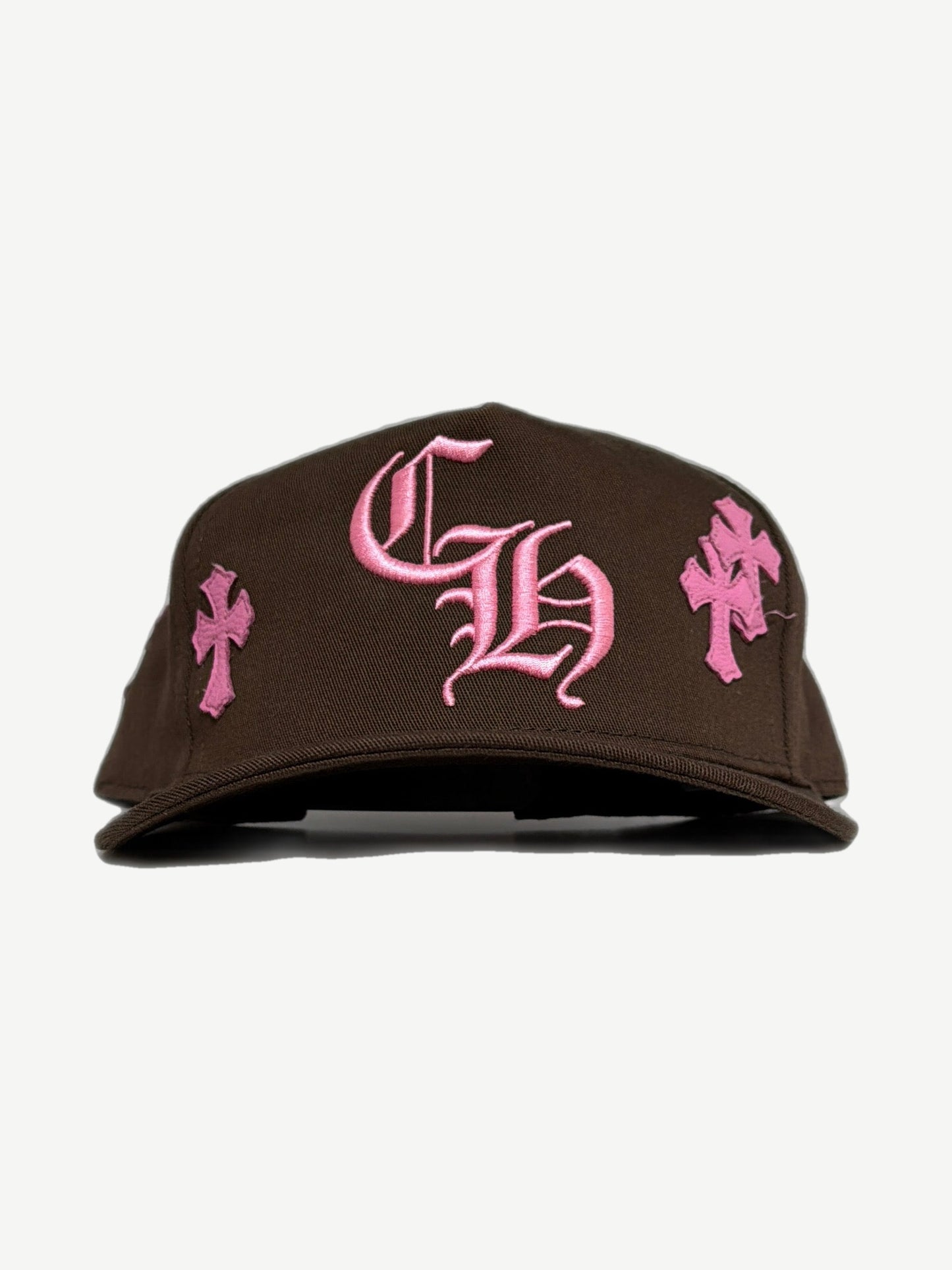 Chrome Hearts brown baseball cap front, pink leather CH cross patch sewn at crown