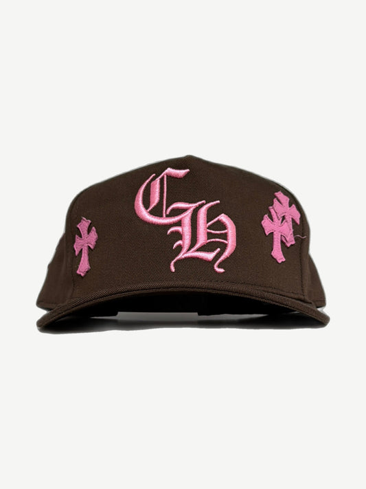Chrome Hearts brown baseball cap front, pink leather CH cross patch sewn at crown