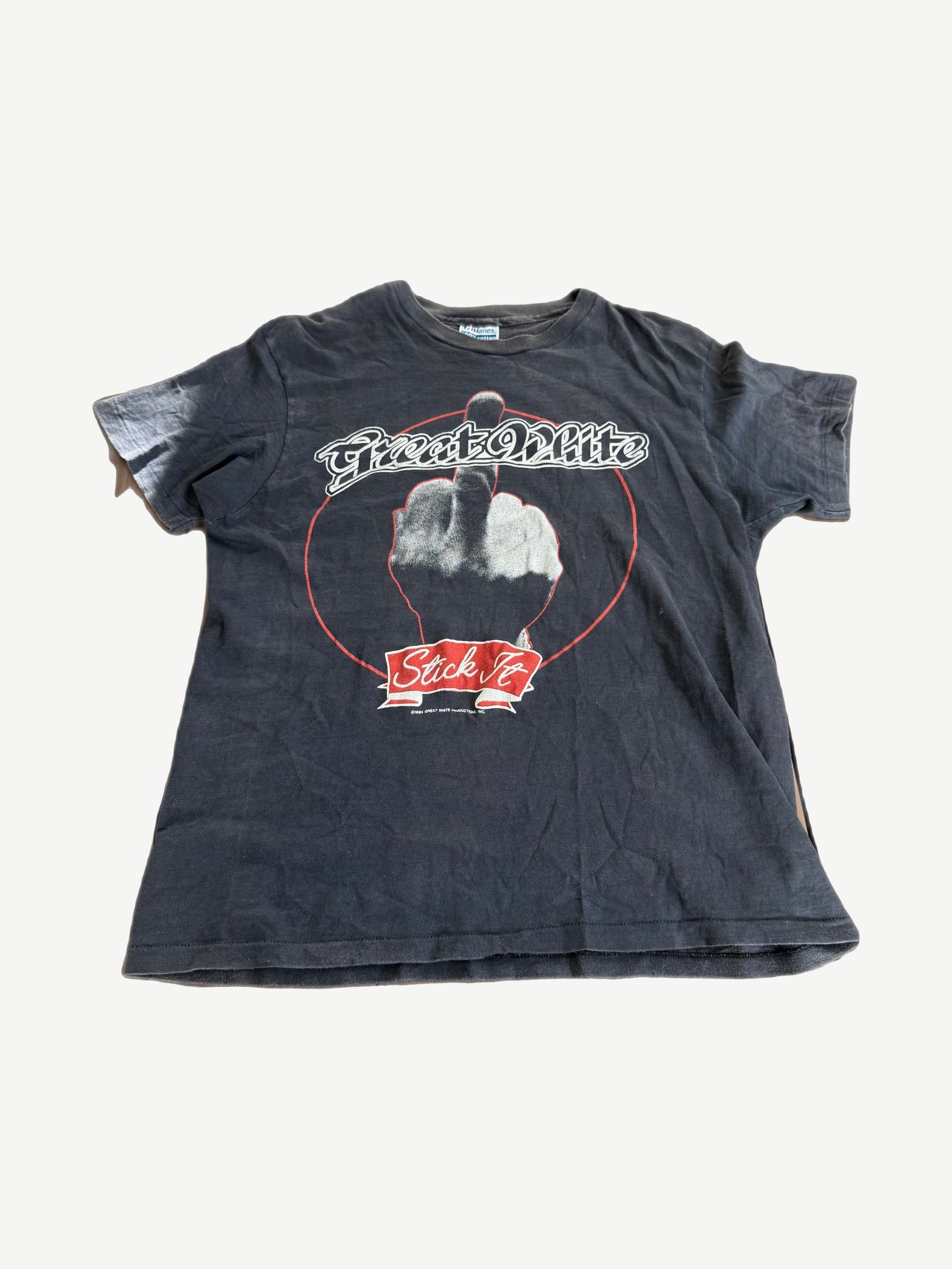 Vintage 1984 Great White Stick It Tour band tee, black cotton with shark and tour graphic front print.
