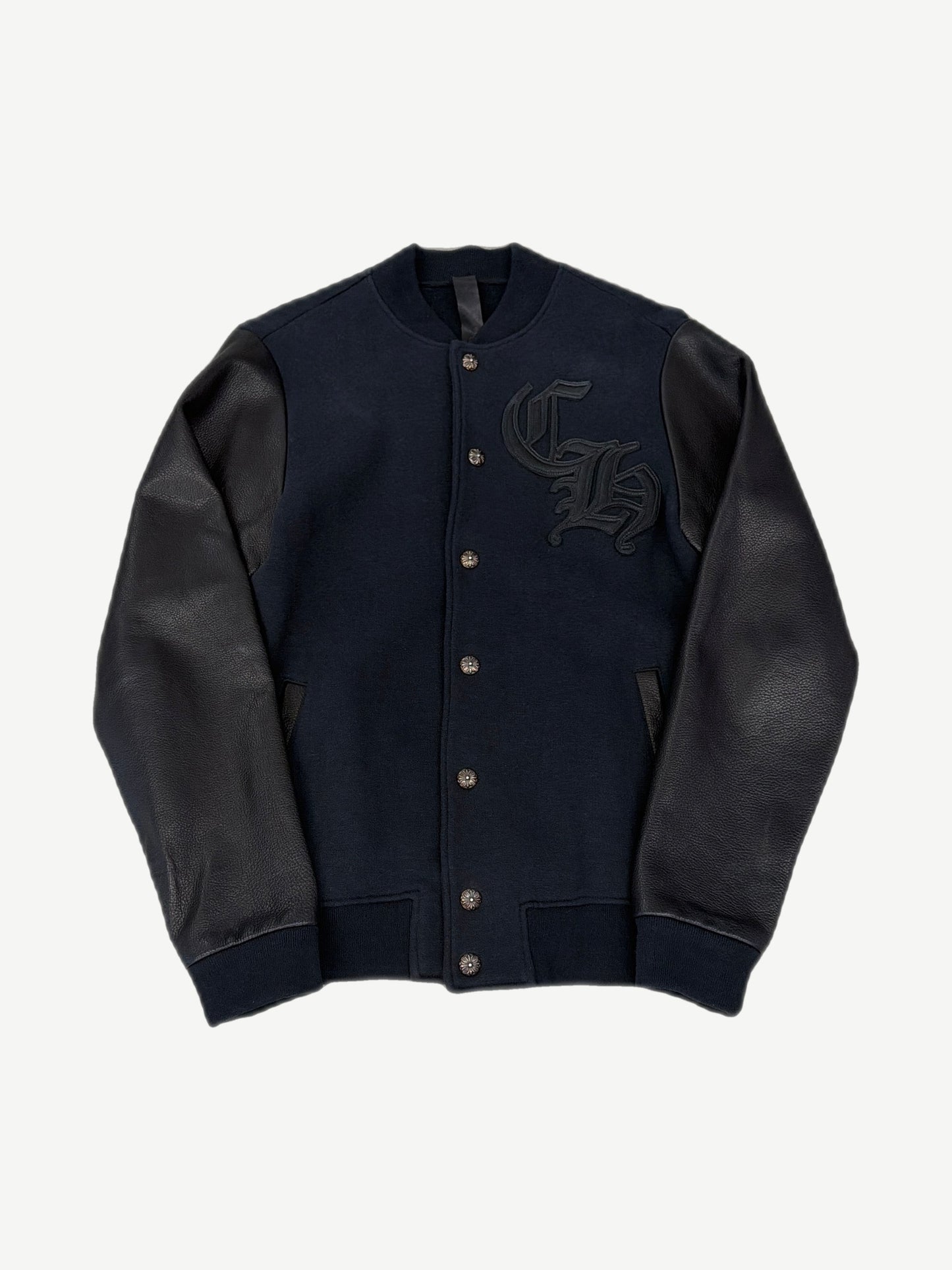 Chrome Hearts navy wool varsity jacket with black leather sleeves, CH gothic logo patch and cross button details