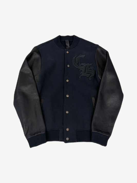 Chrome Hearts navy wool varsity jacket with black leather sleeves, CH gothic logo patch and cross button details