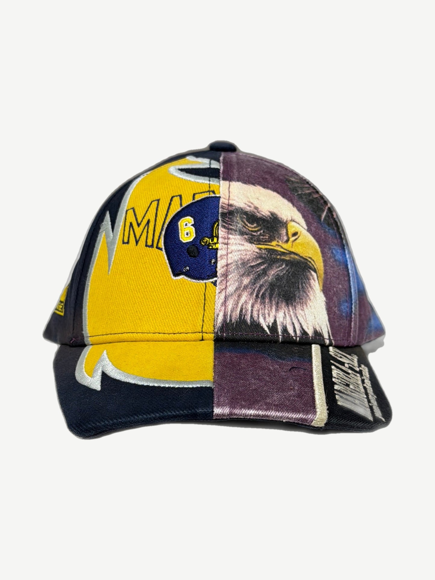 Supreme MM6 Maison Margiela split 6-panel cap front mixing navy twill, yellow Michigan football and eagle print