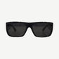 Chrome Hearts black sunglasses folded view with engraved Yer Born Again temple text and sterling silver detail.