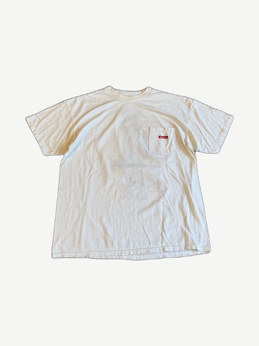 Vintage white Marlboro tee front view with chest pocket and red Marlboro label tag on the pocket