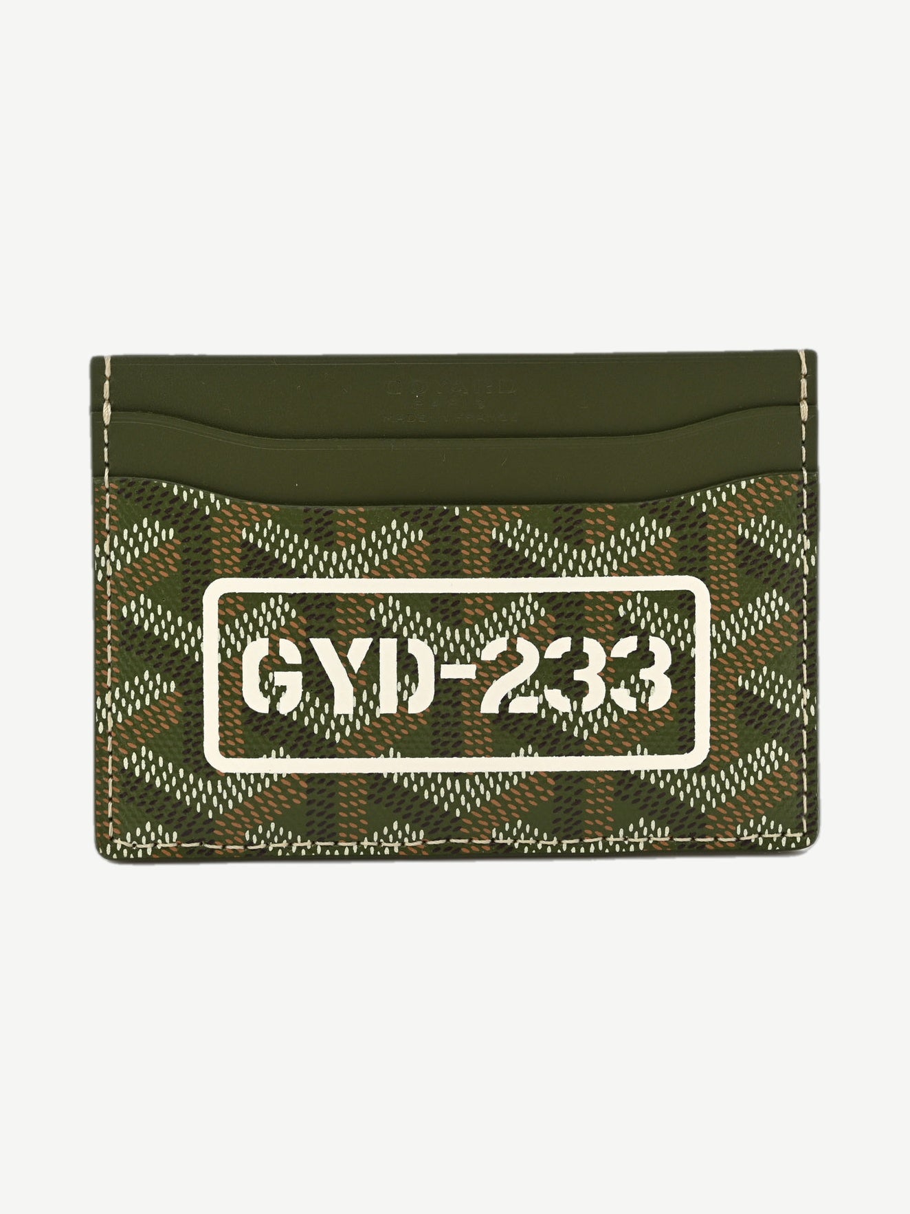 Goyard Saint Sulpice card holder wallet in khaki Goyardine canvas with signature chevron print and tan trim.