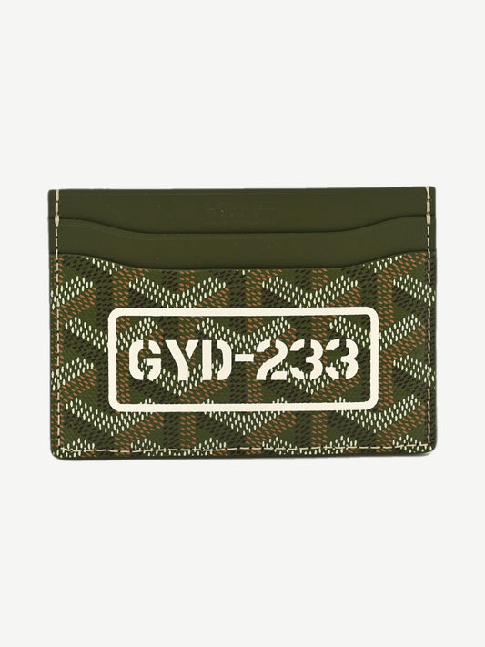 Goyard Saint Sulpice card holder wallet in khaki Goyardine canvas with signature chevron print and tan trim.