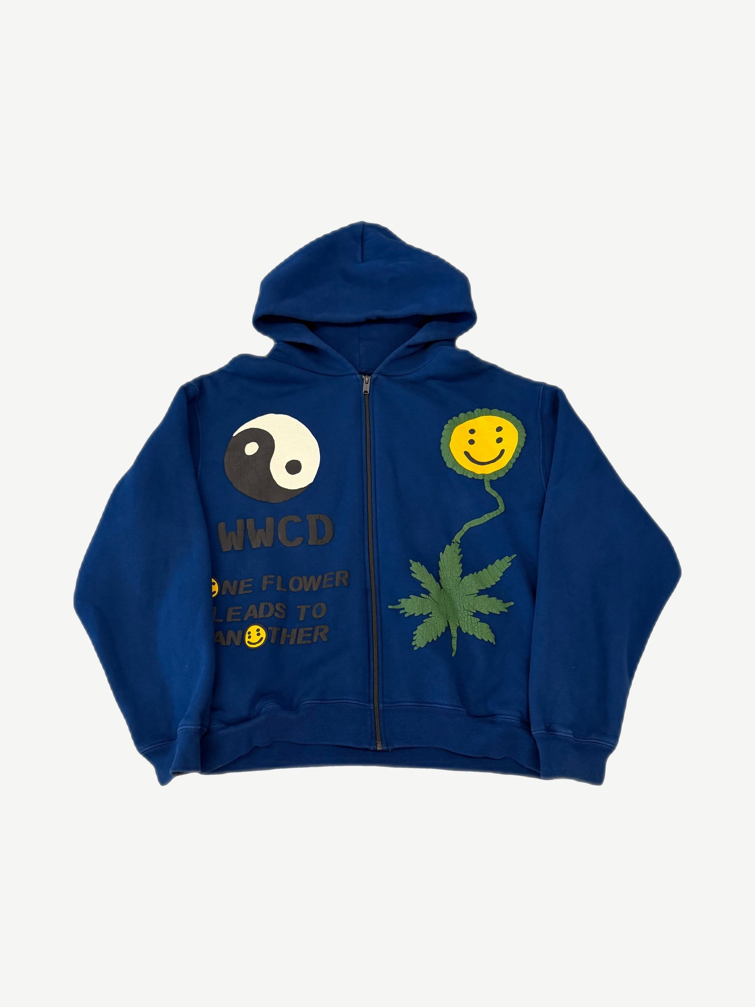 Cactus Plant Flea Market CPFM blue Earth First zip up hoodie front with green planet graphic print.